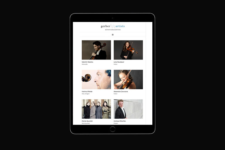 Ansicht der Künstlerübersicht auf der neuen Website